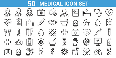 Medical icon set – healthcare, hospital, doctor, treatment, emergency, pharmacy line vector collection © CreativeDH
