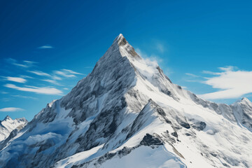 Snow-covered mountain peak under clear blue sky, cinematic 