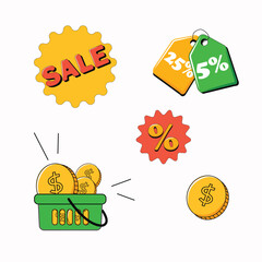 stickers for sales, price tags, coins, baskets on white background