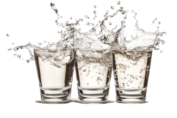 Three shot glasses with dynamic water splashes isolated on transparent background