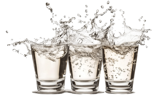 Three shot glasses with dynamic water splashes isolated on transparent background