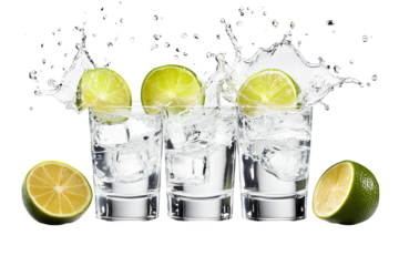 Three refreshing vodka sodas with lime slices and ice cubes isolated on transparent background