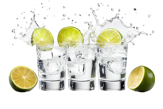 Three refreshing vodka sodas with lime slices and ice cubes isolated on transparent background