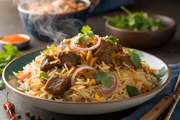 Steaming beef biryani with rice and garnish meat cilantro