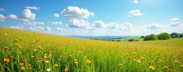 Fototapeta premium Sun-Drenched Ranch Meadows Stretching to the Horizon Wildflowers Bloom Under a Brilliant Blue Sky