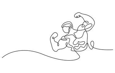 Arm shows bicep fist. Man's hand shows a fist on the biceps in line style. shows bicep continuous one line vector drawing. man bodybuilder pose charmingly vector illustration.