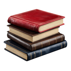 Stack of old leather bound books isolated on transparent background