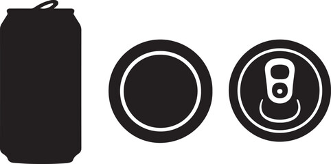 Aluminum soda can silhouette of icons set front, top and bottom views vector art illustration