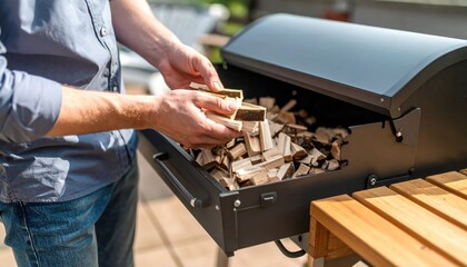 Man Loading Wood Chips Into Charcoal Grill