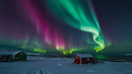 Majestic Northern Lights Dance Across the Arctic Sky Above a Coastal Cabin in Winter