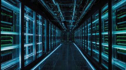 Advanced Data Center Features High-Tech Servers With Glowing Lights in a Modern Facility, Showcasing Cutting-Edge Technology and Efficient Infrastructure