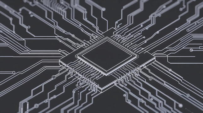 abstract digital motherboard with animated paths and geometric processor core in seamless loop
