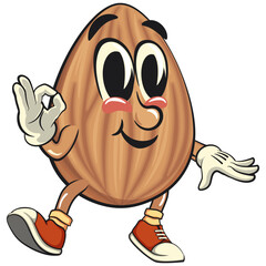 cute almond mascot cartoon vector illustration dancing while giving the okay sign, isolated nut character for healthy food branding, packaging, and snack advertisement, work of hand drawn