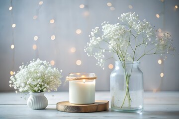 White gypsophila flowers and lit candle white flowers baby's breath