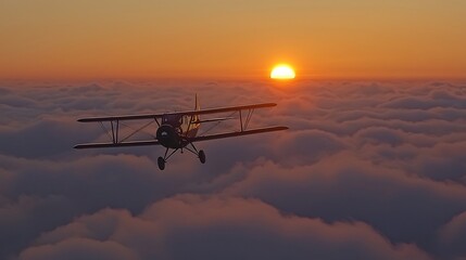 Vintage aircraft soaring through the clouds with a setting sun in the background cinematic aviation classic