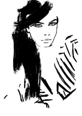 hand-drawn black and white ink illustrations featuring stylish women in bold, expressive lines. Each piece captures elegance, confidence, and timeless fashion 
