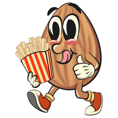 cute almond mascot cartoon vector illustration brought a box of french fries, isolated nut character for healthy food branding, packaging, and snack advertisement, work of hand drawn