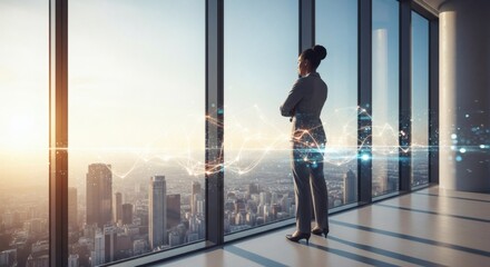 Fototapeta premium Confident Businesswoman Looking at City Skyline, Planning Future Success