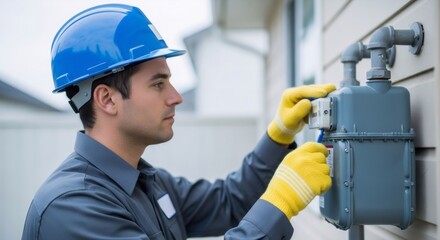 Caucasian man, a gas industry worker, wearing a blue hard hat and yellow gloves, working on a natural gas meter installed on a house wall, maintenance concept.