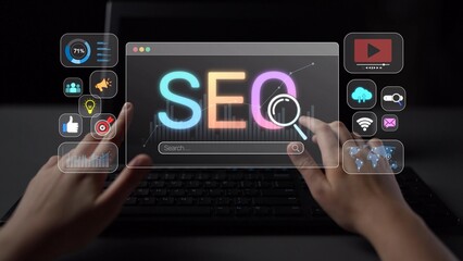 SEO concept for improving SEO visibility, with SEO related digital tools and SEO performance icons...