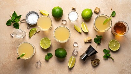 Assortment Of Refreshing Cocktails With Fresh Limes And Mint On Beige Surface