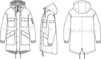 Utility hooded parka technical fashion sketch, cad drawing flat vector illustration, front and back jacket design, pocket zipper detail layout © Bokul Creatives