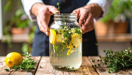 Hands Preparing Infused Lemon Water With Herbs