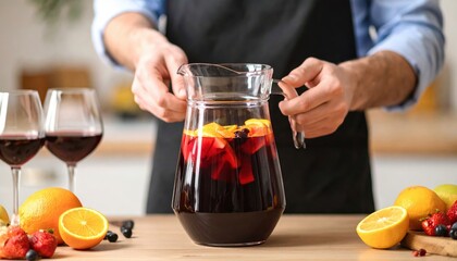 Pouring Sangria From Jug With Fresh Fruit
