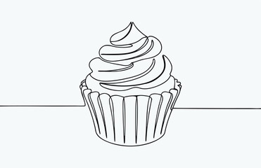 cupcake line drawing, cupcake with cherry drawn in one continuous line in color. Single line drawing, minimalism, Doodle graphic art vector illustration 