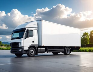 White truck on paved road, sunny day