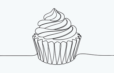 cupcake line drawing, cupcake with cherry drawn in one continuous line in color. Single line drawing, minimalism, Doodle graphic art vector illustration 
