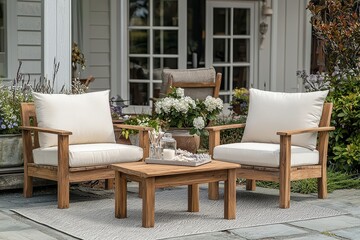 Fototapeta premium Greenfield outdoor teak wood lounge chairs with cream cushions and side table set made of rustic stained acacia wood, perfect for garden or patio