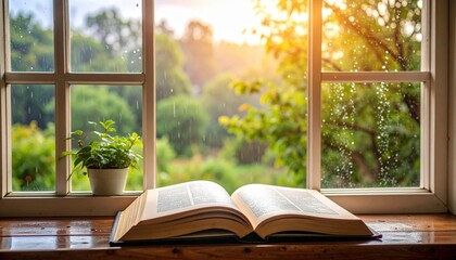 Open Book On Windowsill With Garden View In Rain