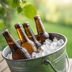 Amber beer bottles in ice bucket refreshing