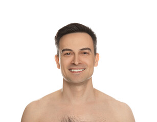 Smiling man after shaving on white background