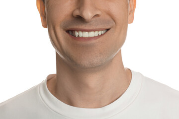 Smiling man after shaving on white background, closeup