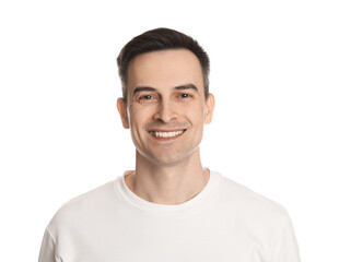 Fototapeta premium Smiling man after shaving on white background
