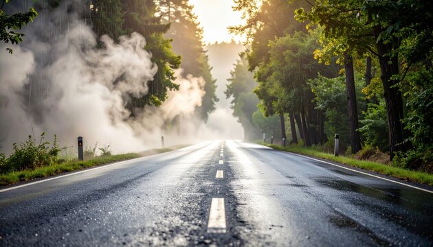 Empty Road Through Misty Forest At Sunrise