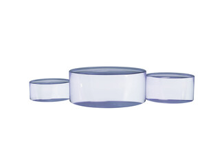 Set of 3d glass transparent clear light blue cylinder stand podium on transparent background. Crystal cylinder mockup, pedestal platform for product showcase.