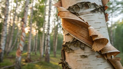 Peeling birch bark curling off tree — detailed, crisp layers