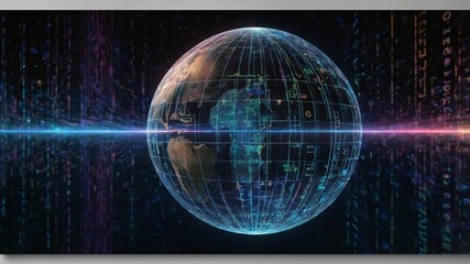 Digital Globe Showcasing Intertwined Global Connections and Data Streams Representing Technology and Innovation Across Continents