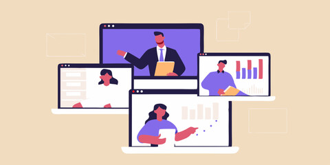 Diverse group of people participating in a virtual meeting with presentations