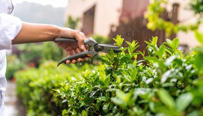 Hand Pruning Green Hedge In Rainy Garden
