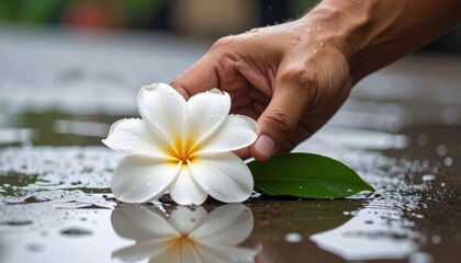 Hand Touching White Flower In Puddle