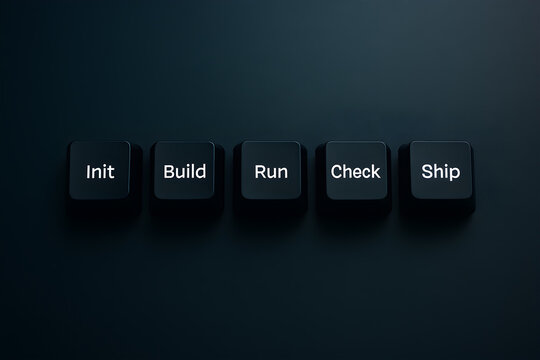 Dark Developer Workflow Keyboard Concept with Init Build Run Check Ship Keys