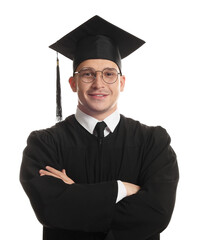 Happy student with crossed arms after graduation on white background