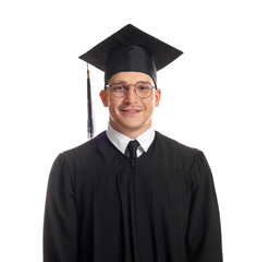 Happy student after graduation on white background