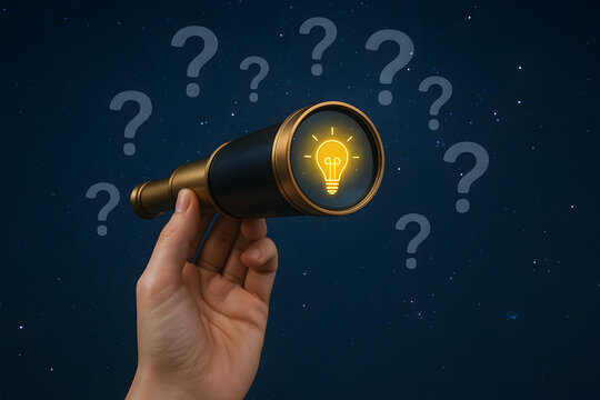 Telescope Discovery Concept with Lightbulb and Question Marks in Night Sky