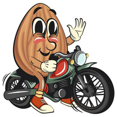 Fototapeta premium cute almond mascot cartoon vector illustration riding a big motorcycle, isolated nut character for healthy food branding, packaging, and snack advertisement, work of hand drawn
