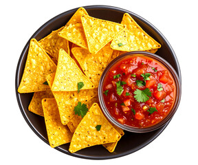 Bowl of Golden Tortilla Chips with Fresh Salsa Dip, isolated on transparent background